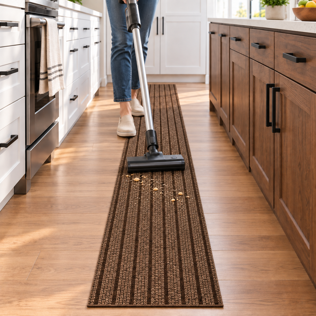 Coffee striped floor runner being vacuumed in a modern kitchen