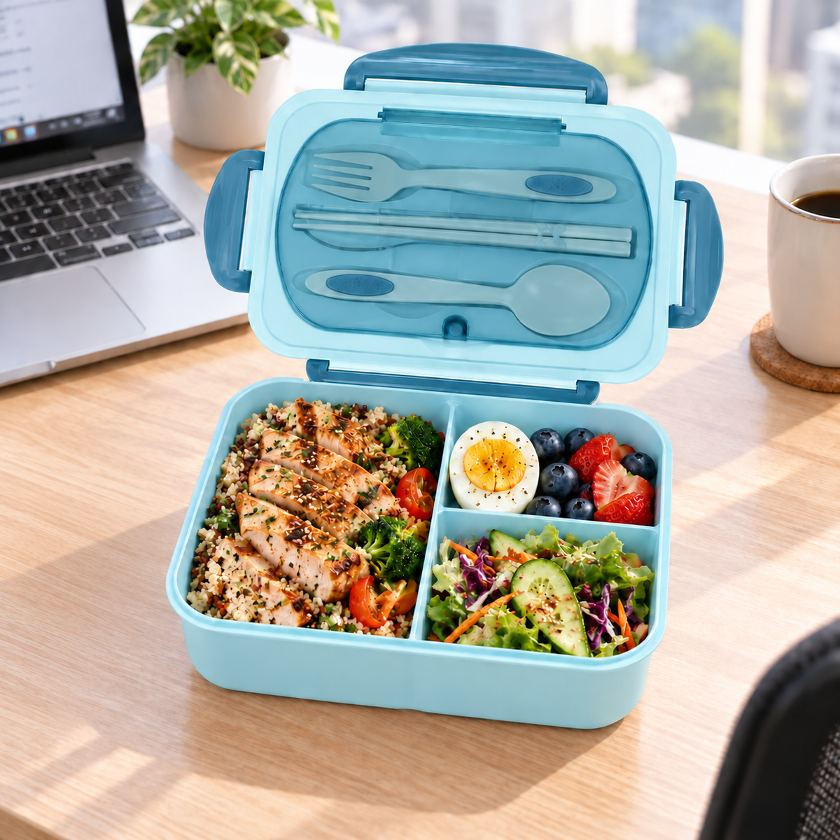 Blue 1200 ml three-compartment bento lunch box open on an office desk