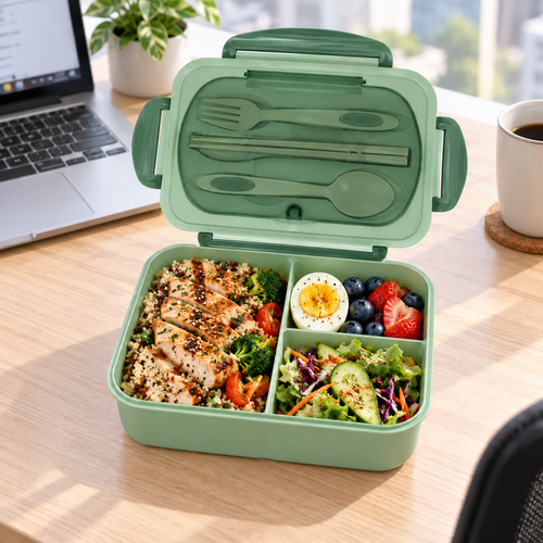 Green 1200 ml three-compartment bento lunch box open on an office desk