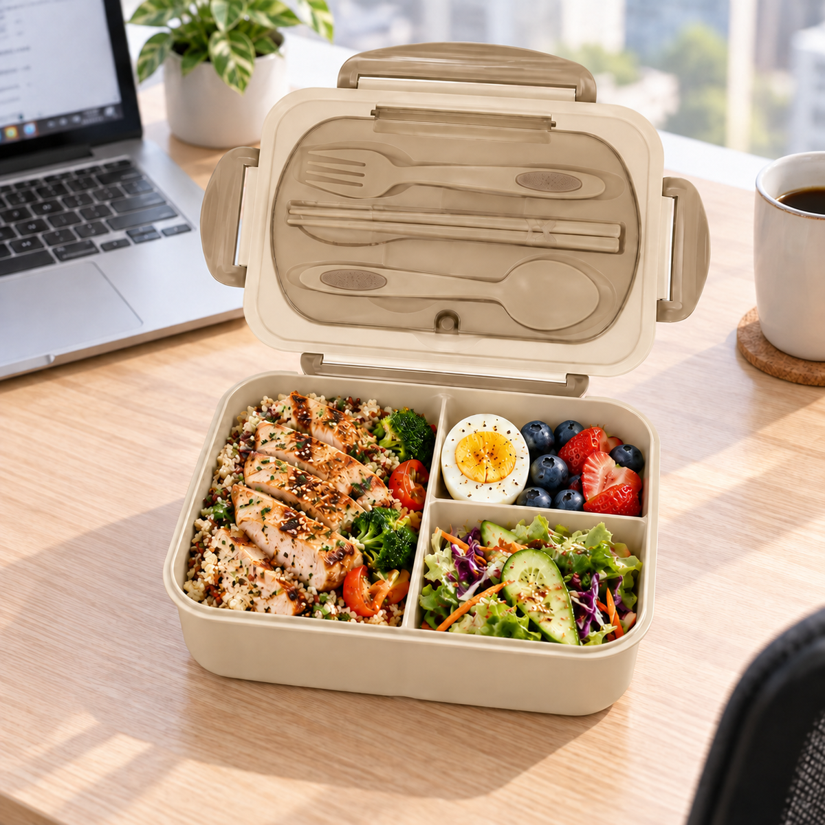 Khaki 1200 ml three-compartment bento lunch box open on an office desk