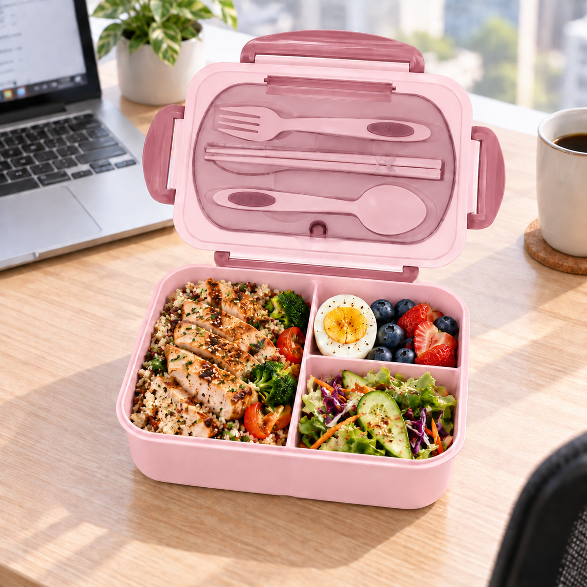 Pink 1200 ml three-compartment bento lunch box open on an office desk
