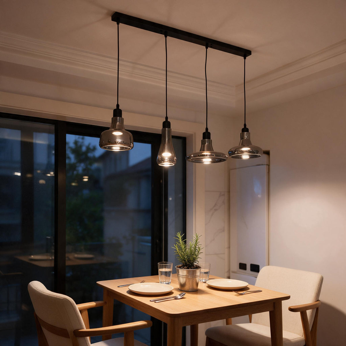 Nordic-style pendant light hanging above a kitchen table