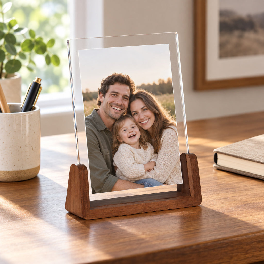 Dark walnut 4x6 portrait acrylic photo frame displaying a family picture on a desk