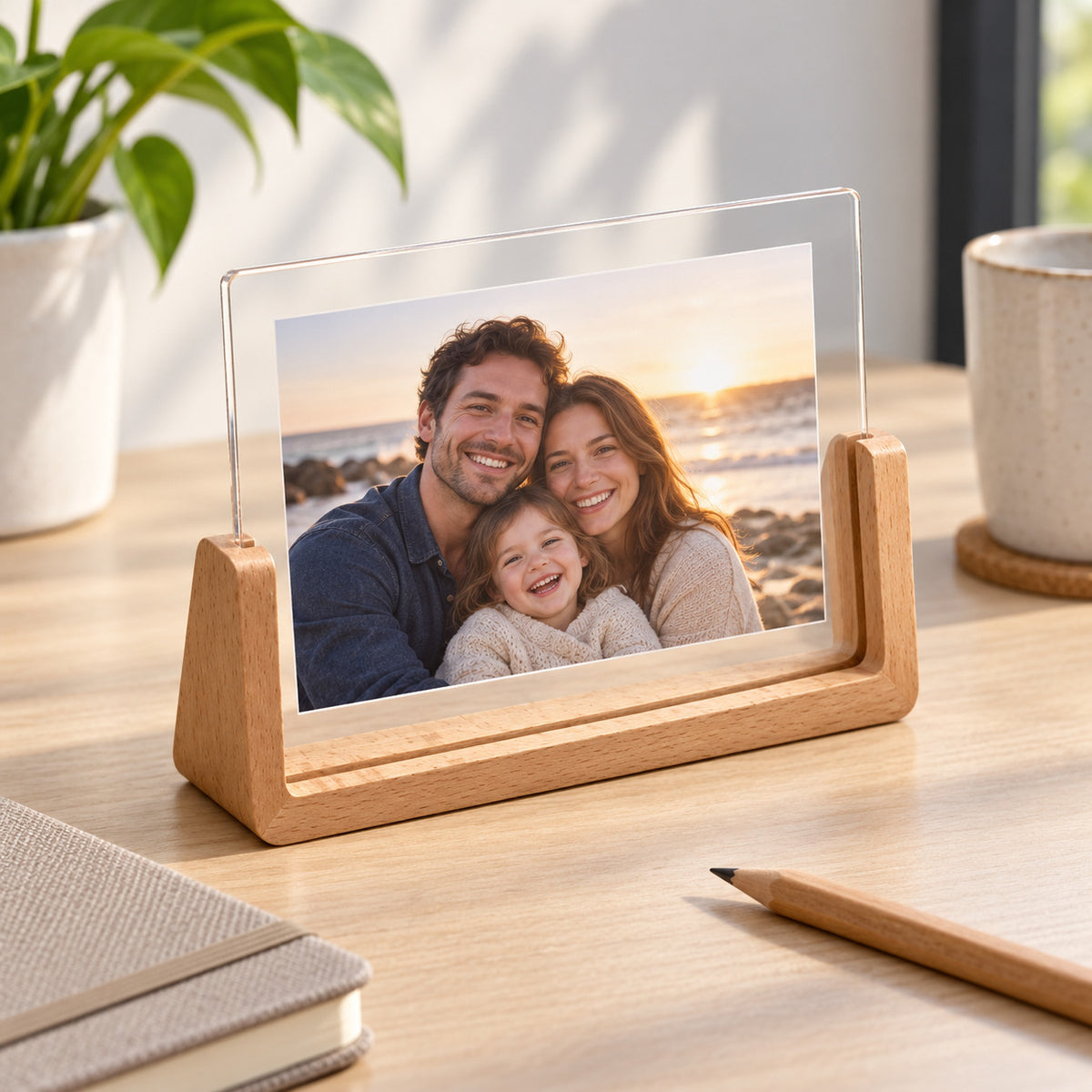 Light wood 4x6 landscape acrylic photo frame displaying a family picture on a desk