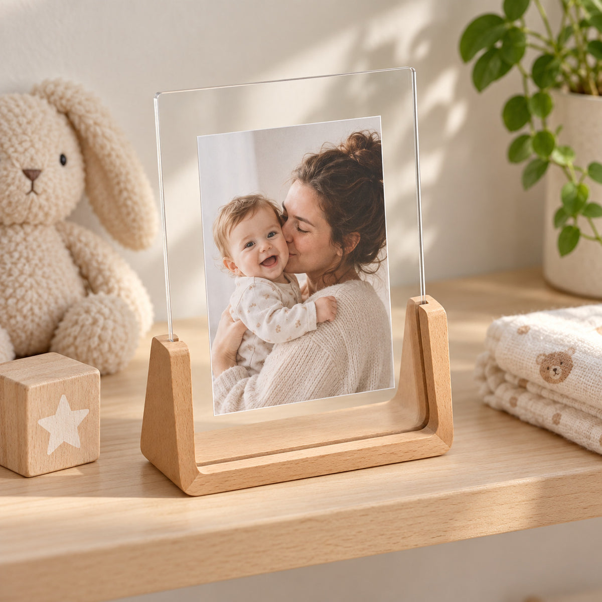 Light wood 4x6 portrait acrylic photo frame displaying a family picture on a nursery shelf