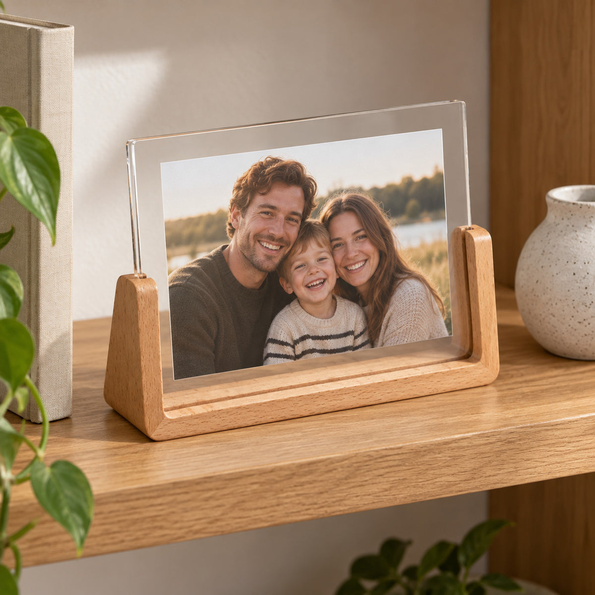 Light wood 5x7 landscape acrylic photo frame displaying a family picture on a shelf