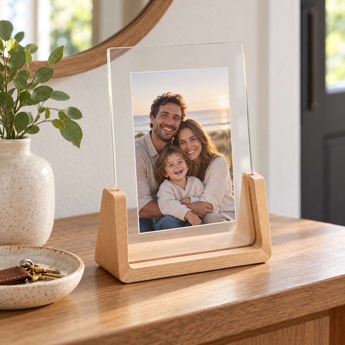 Light wood 5x7 portrait acrylic photo frame displaying a family picture on a console