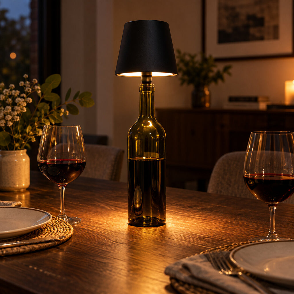 Black USB rechargeable bottle lamp glowing on a dining table