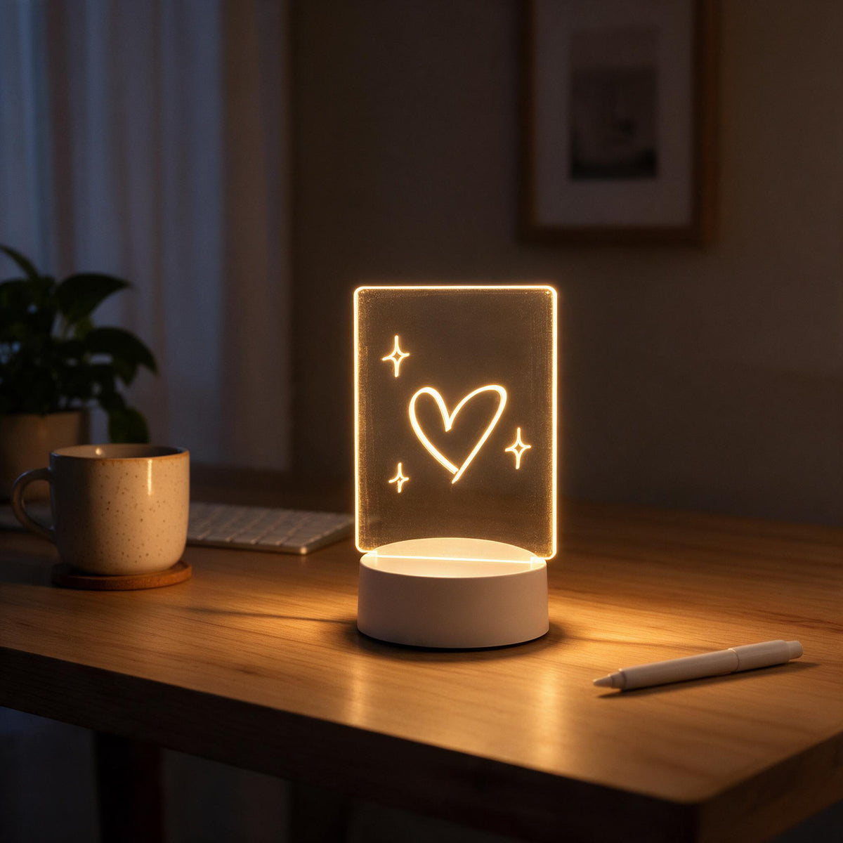 The acrylic message board lit up with warm white edge lighting in a dark room.