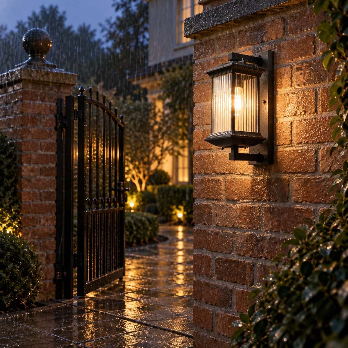 Black E27 striped glass outdoor wall light illuminating a rainy brick garden entrance