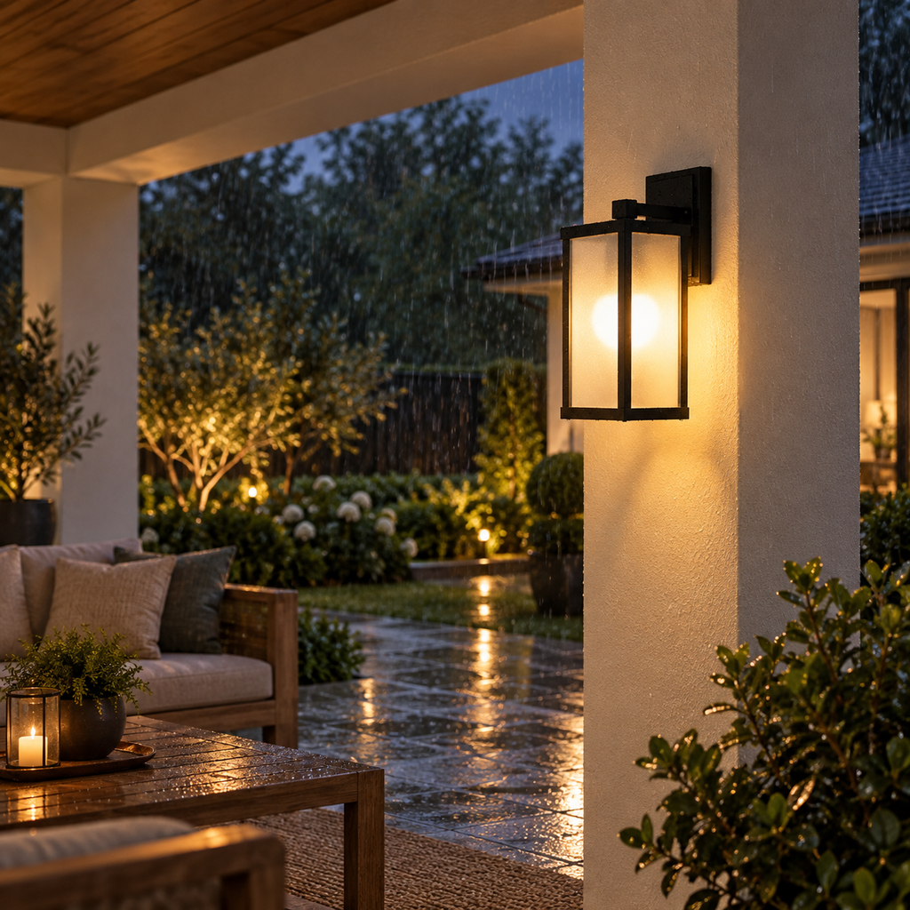 Style A IP65 aluminum outdoor wall light illuminating a rainy covered patio