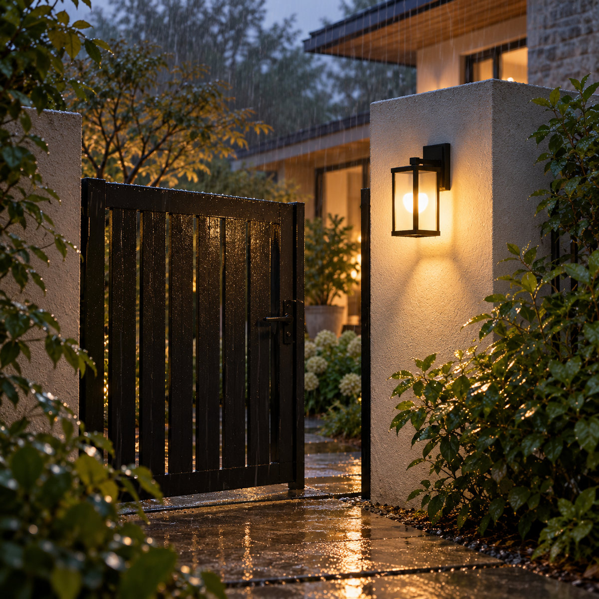 Style B compact IP65 aluminum outdoor wall light beside a rainy garden gate