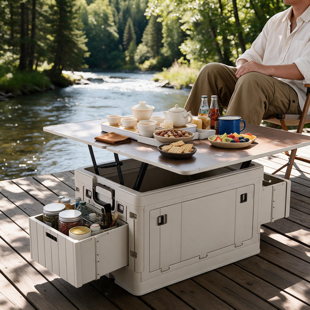 Folding storage box in grey PP construction shown in an outdoor camping setting.