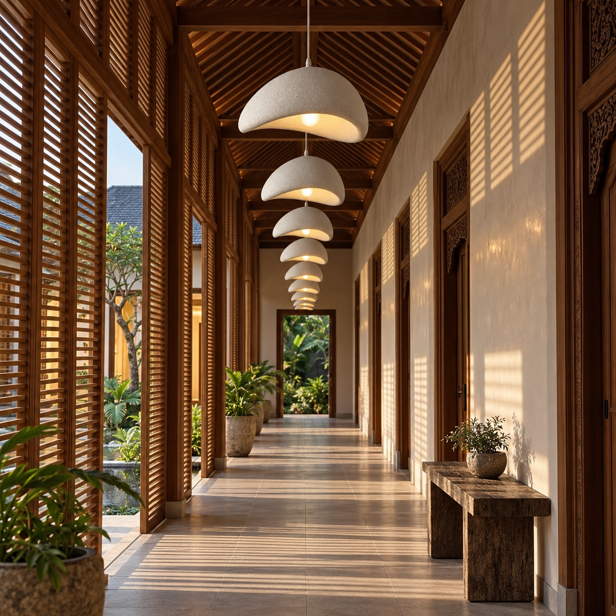Row of Wabi-Sabi pendant chandeliers illuminating a timber corridor