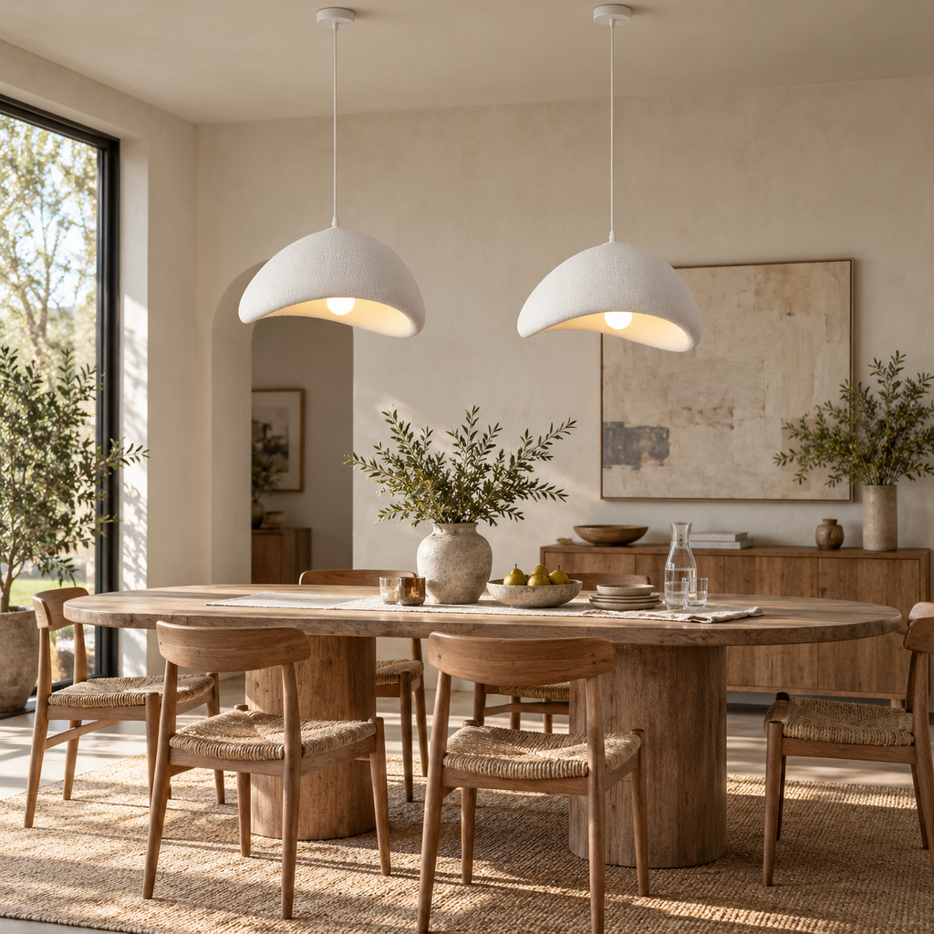 Two white Wabi-Sabi pendant chandeliers above a contemporary dining table