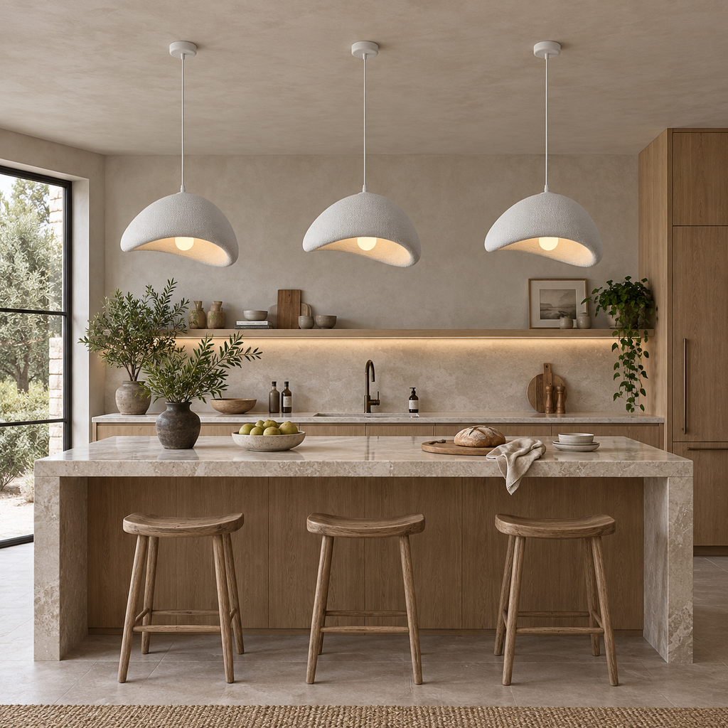 Three gray Wabi-Sabi pendant chandeliers installed above a kitchen island