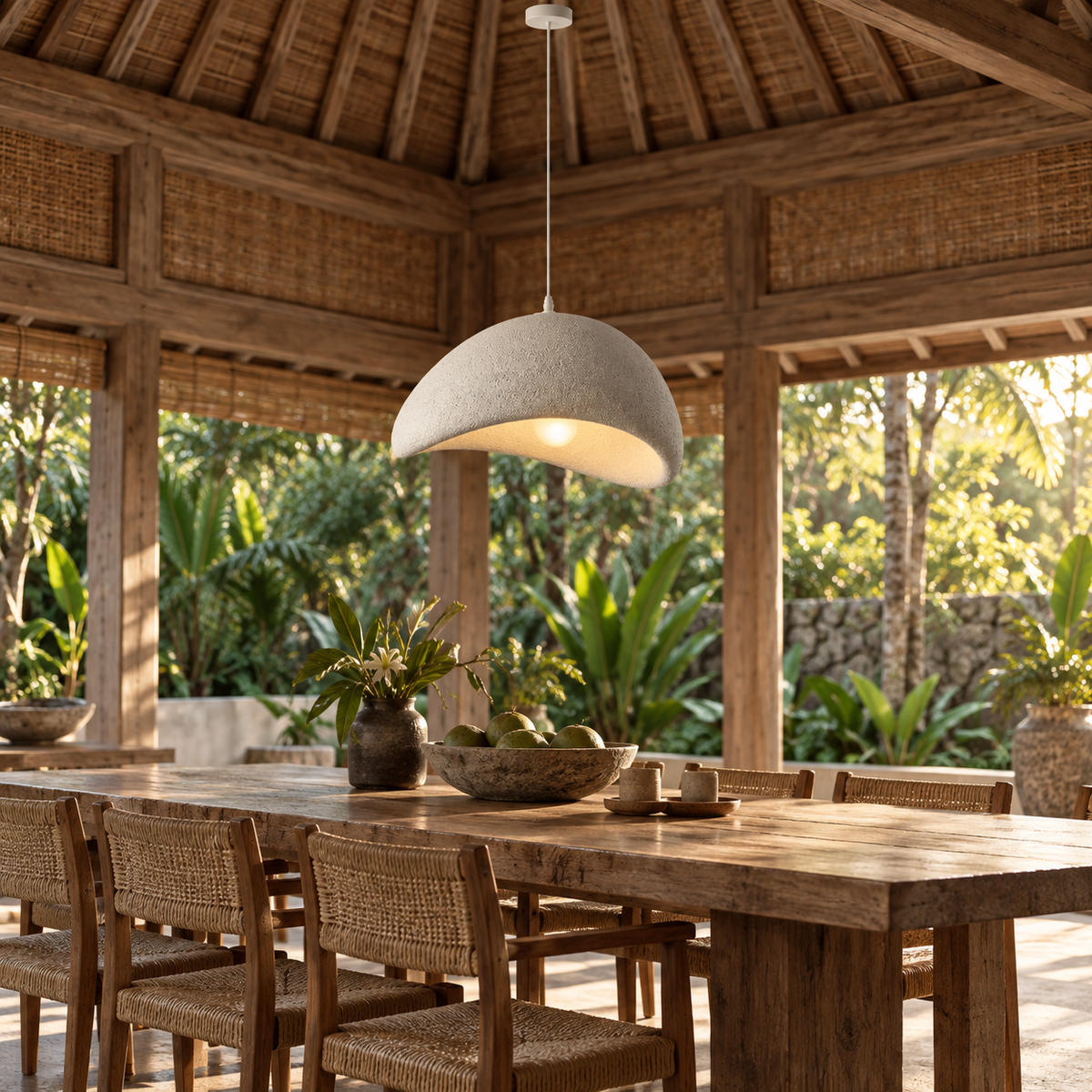 Gray Wabi-Sabi pendant chandelier installed in an open timber dining pavilion