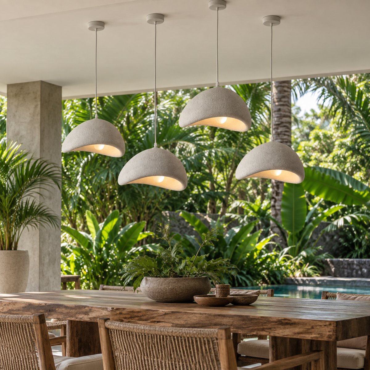 Four gray Wabi-Sabi pendant chandeliers above a tropical terrace dining table