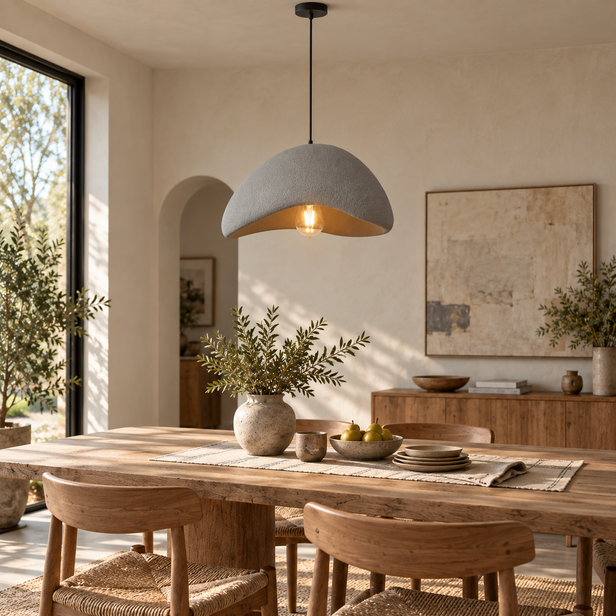 Wabi-Sabi pendant chandelier, A gray body, styled above a dining table