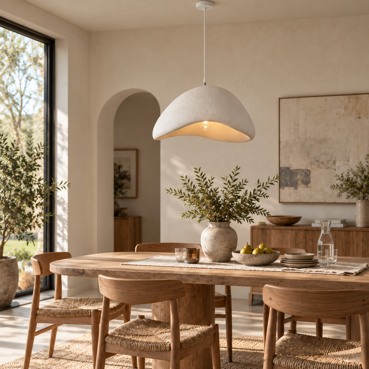 Wabi-Sabi pendant chandelier, A white body, styled above a dining table
