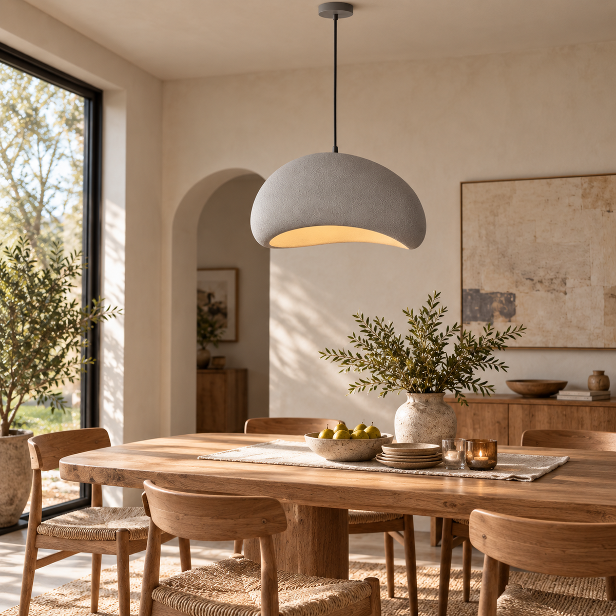 Wabi-Sabi pendant chandelier, B gray body, styled above a dining table