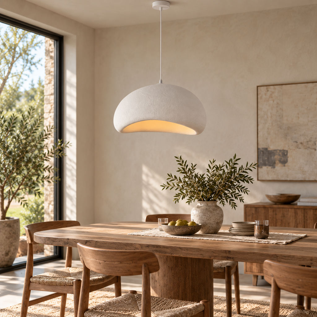 Wabi-Sabi pendant chandelier, B white body, styled above a dining table