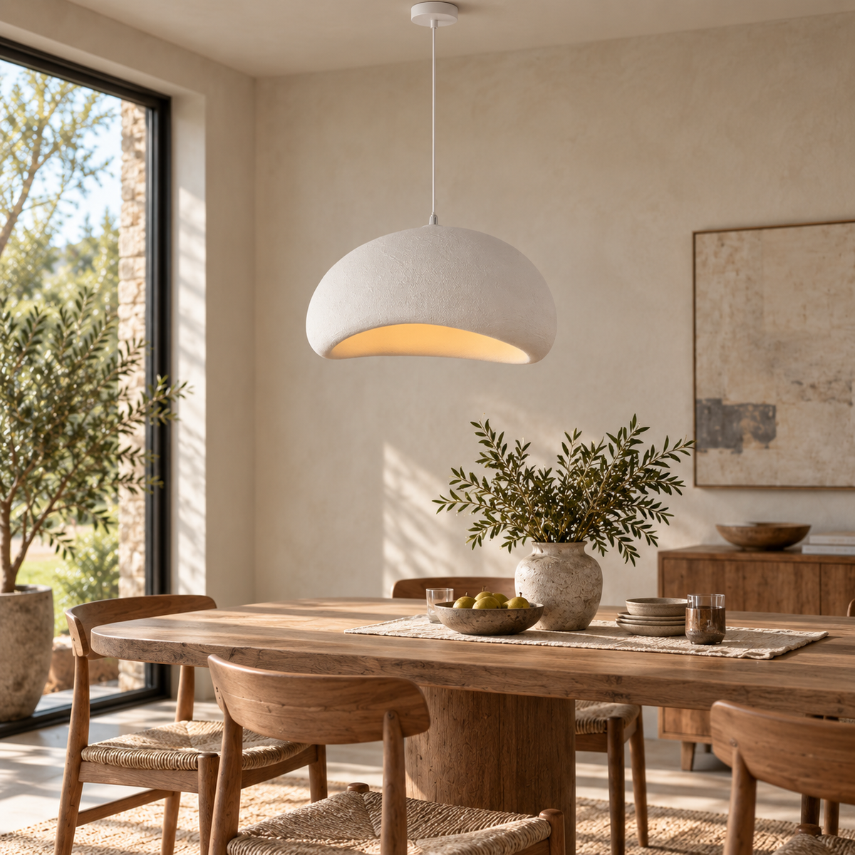 Wabi-Sabi pendant chandelier, B white body, styled above a dining table