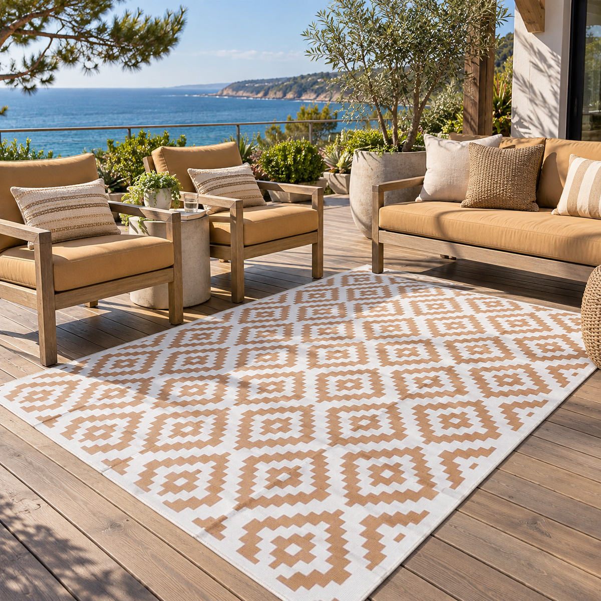 Beige and white diamond 5 x 8 ft waterproof reversible outdoor patio rug