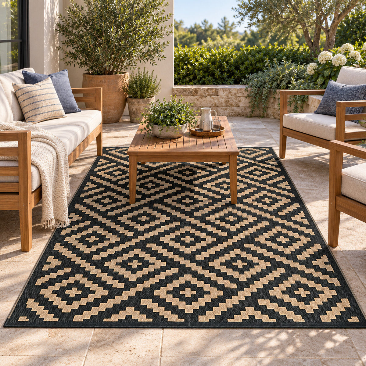 Black and beige geometric 5 x 8 ft waterproof reversible outdoor patio rug