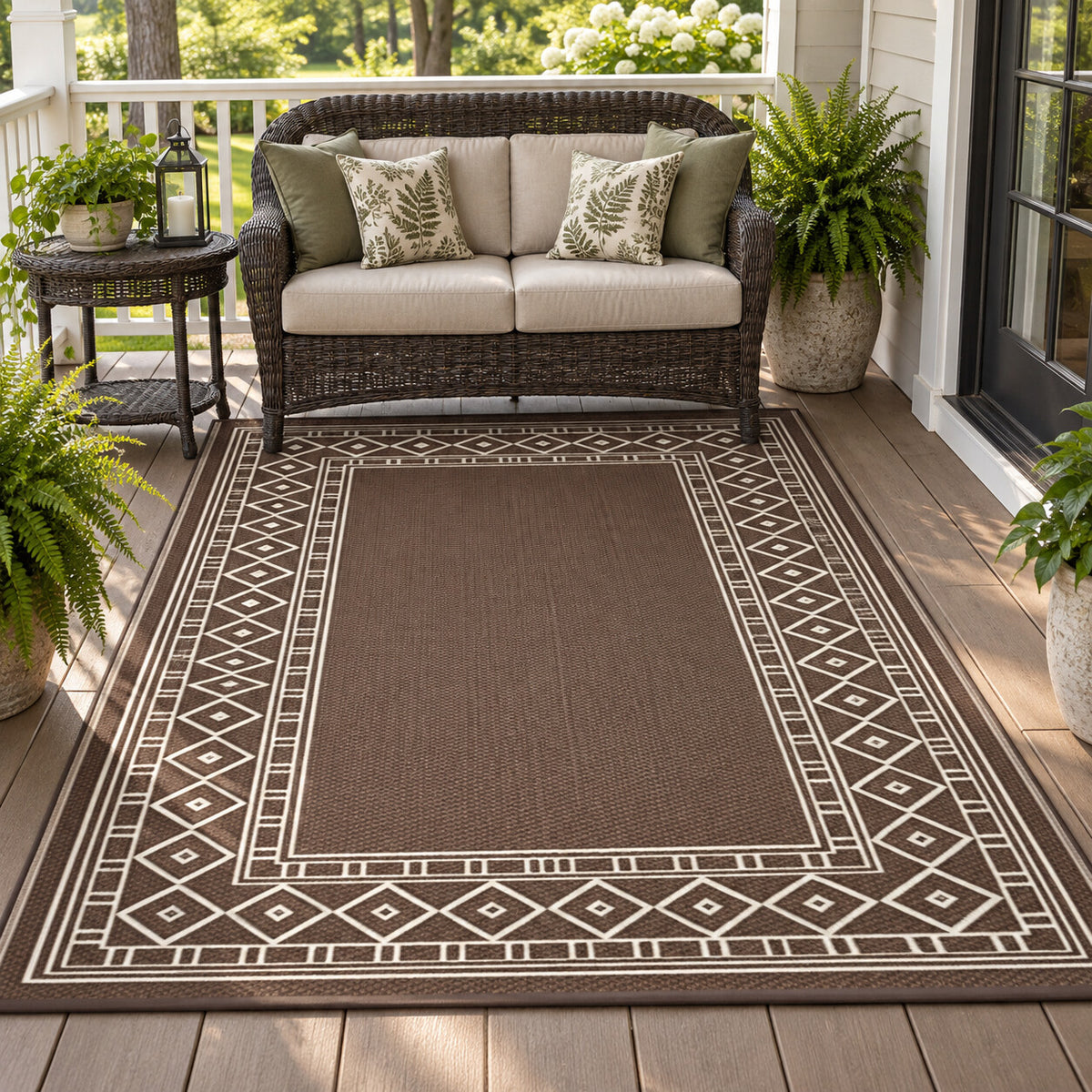 Coffee brown bordered 5 x 8 ft waterproof reversible outdoor patio rug