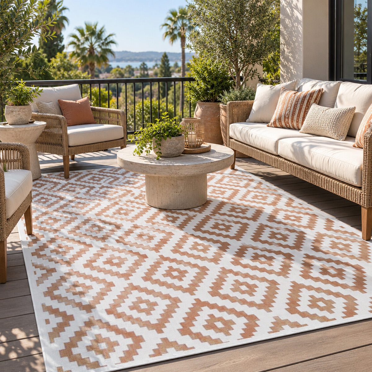 Coffee and white diamond 5 x 8 ft waterproof reversible outdoor patio rug