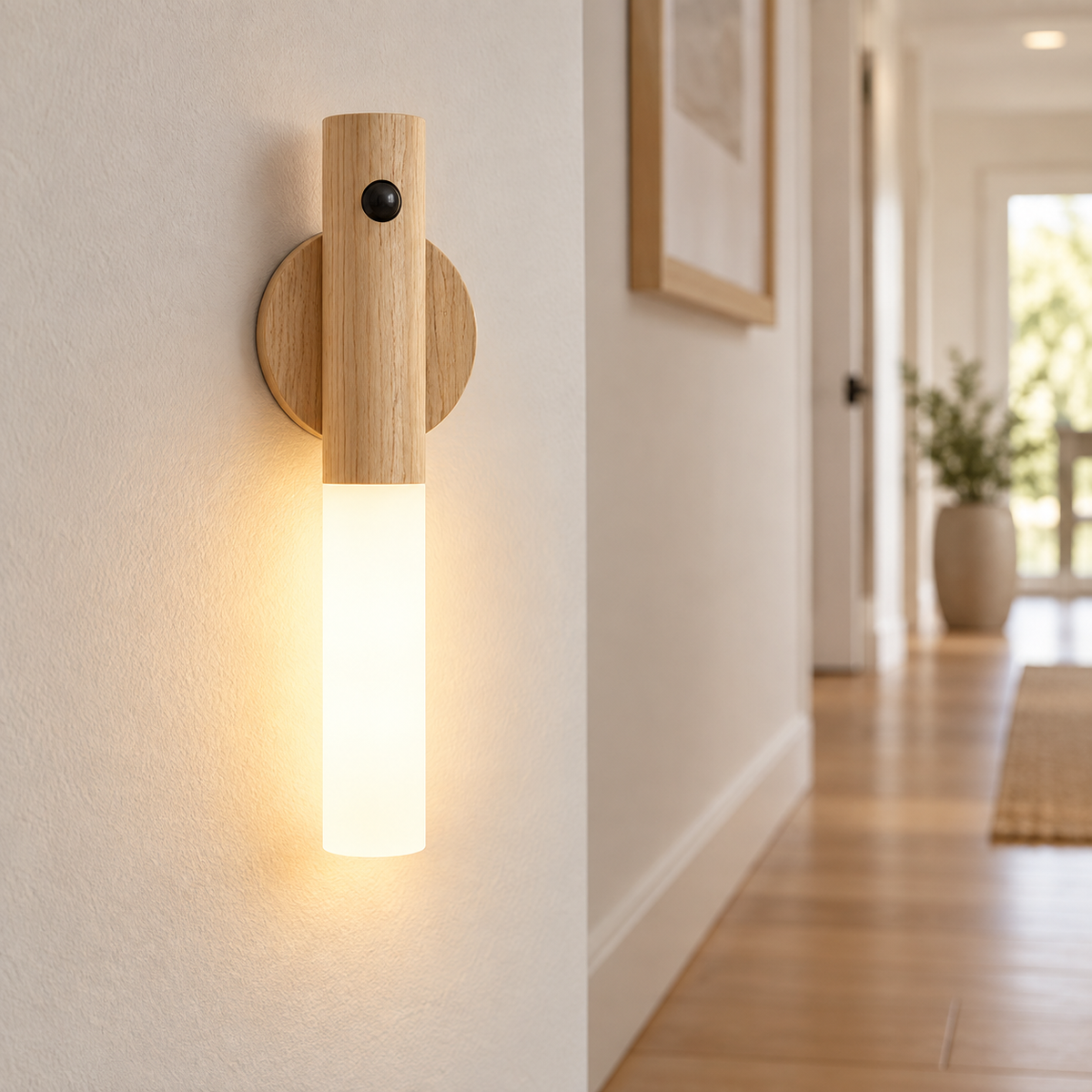 Ash wireless USB motion sensor LED light, single unit glowing in a modern hallway