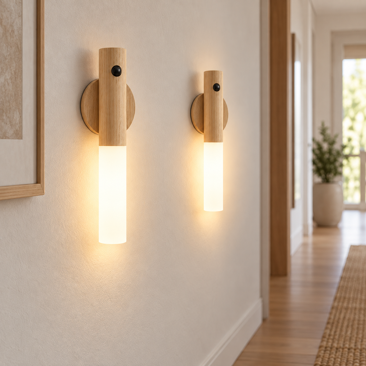 Two Ash wireless USB motion sensor LED lights glowing on a modern hallway wall