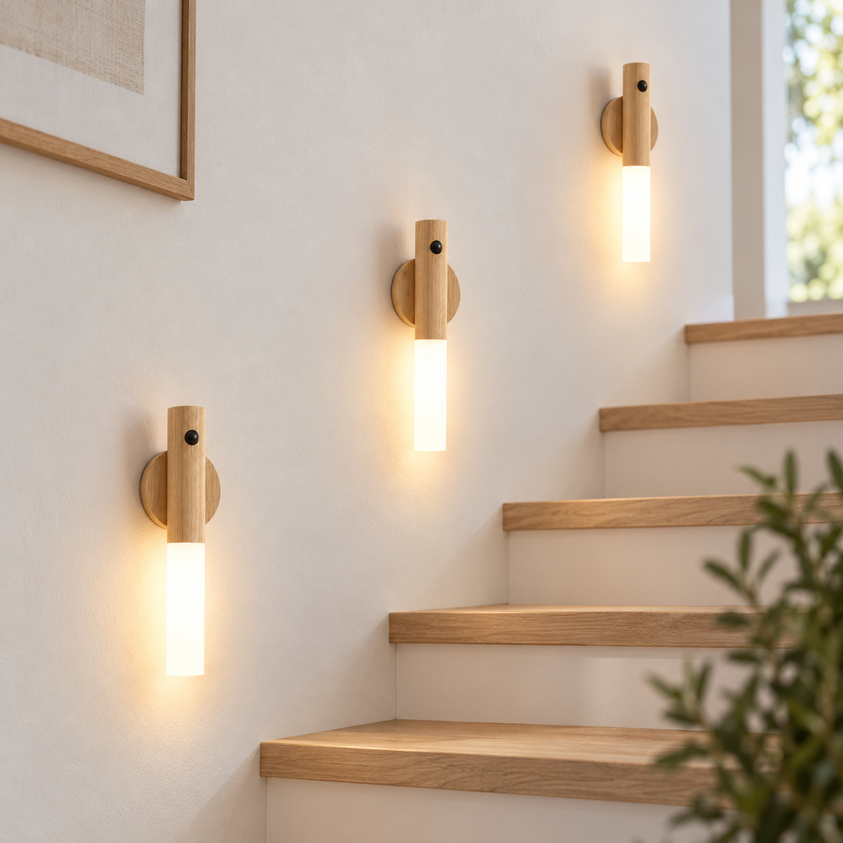 Three Ash wireless USB motion sensor LED lights illuminating a modern stairway
