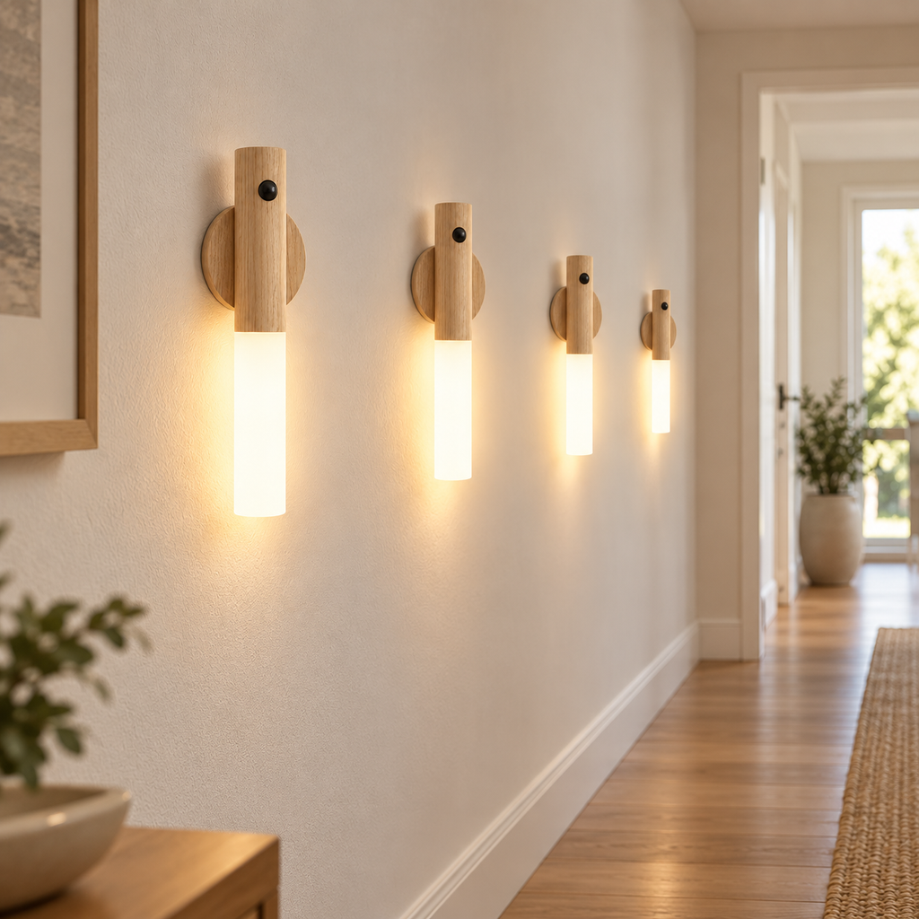 Four Ash wireless USB motion sensor LED lights glowing along a home corridor