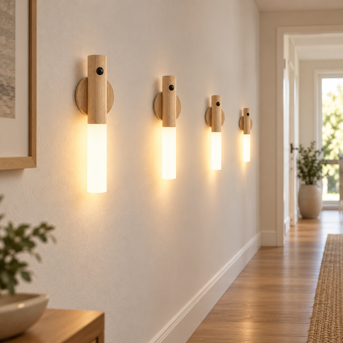 Four Ash wireless USB motion sensor LED lights glowing along a home corridor