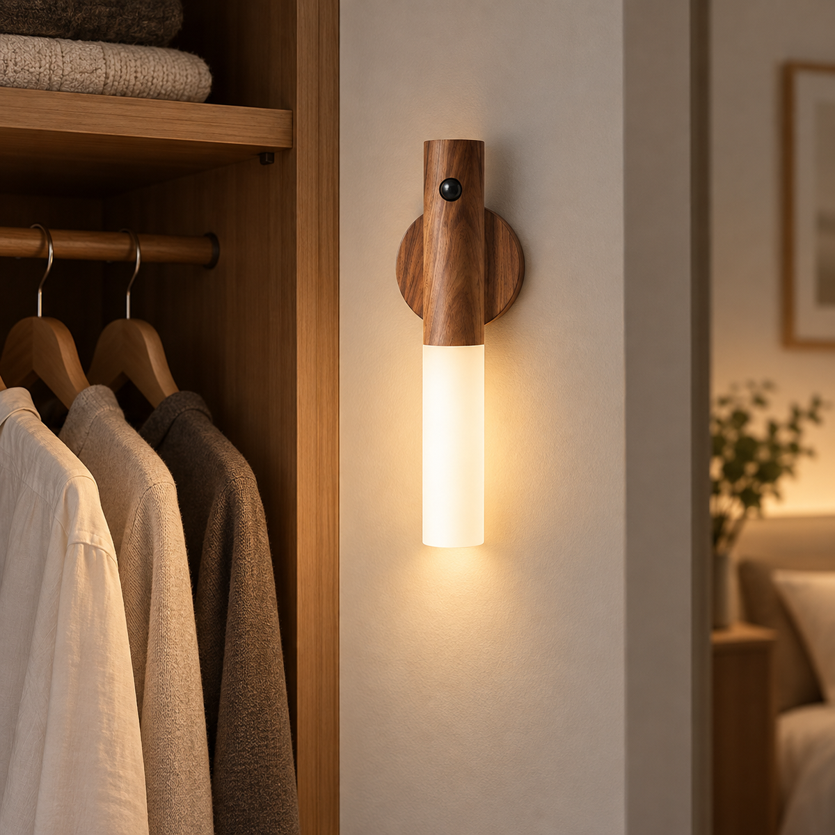 Walnut wireless USB motion sensor LED light glowing beside a bedroom wardrobe