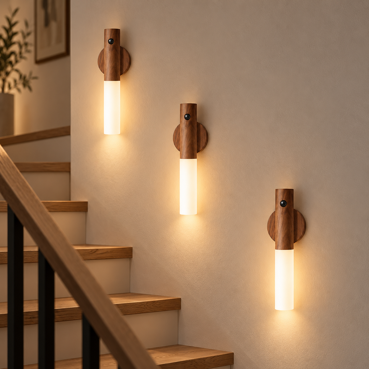 Three Walnut wireless USB motion sensor LED lights illuminating a stairway