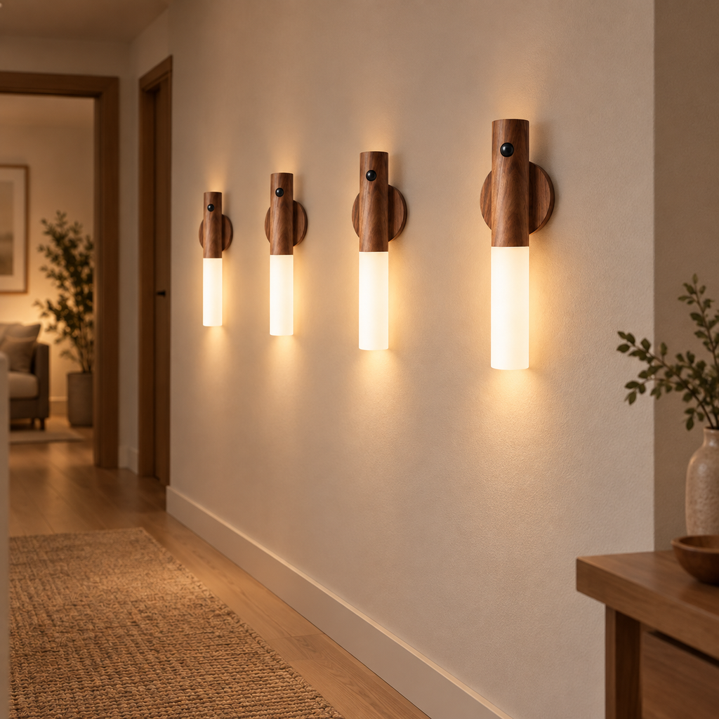 Four Walnut wireless USB motion sensor LED lights glowing along a home corridor