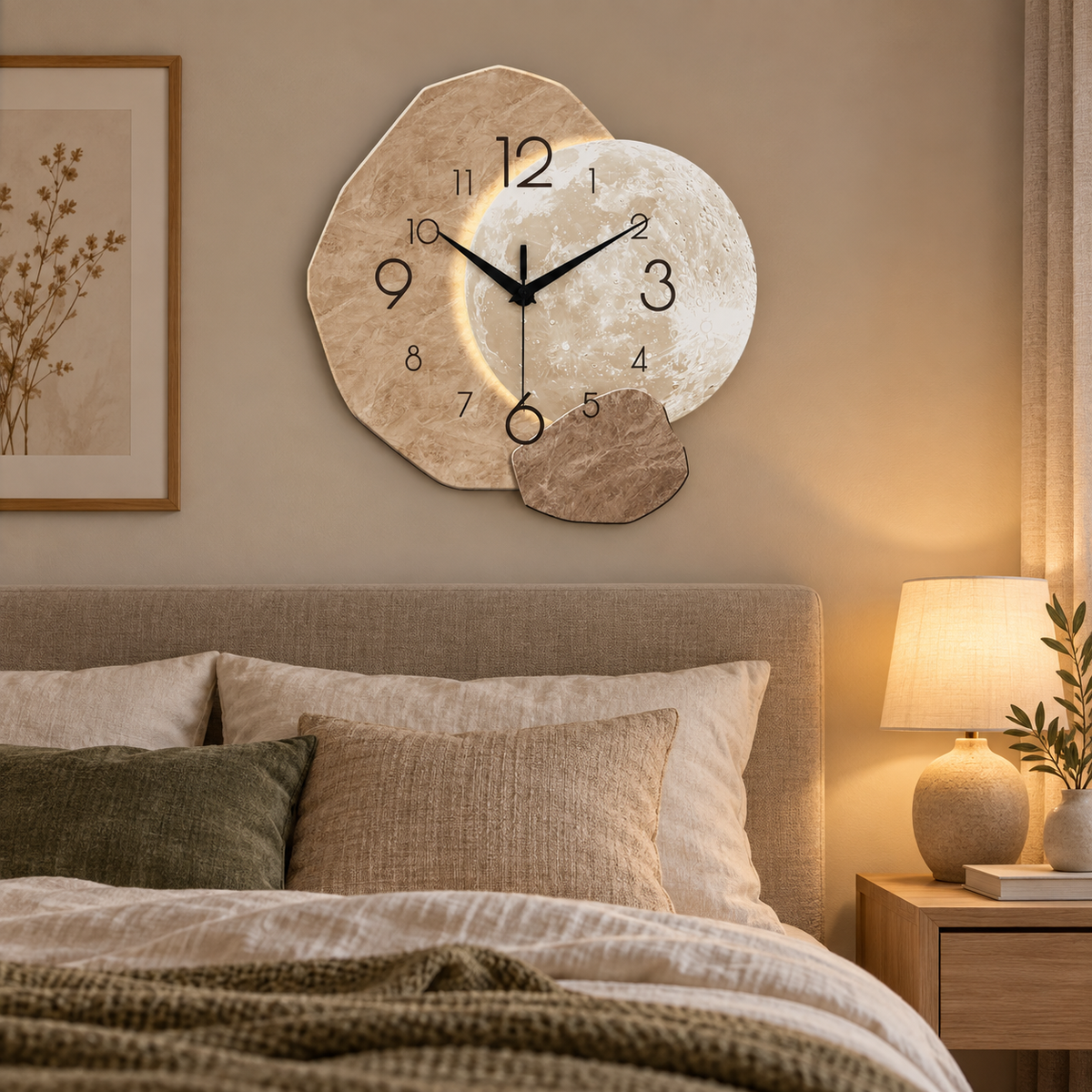 Wooden moon silent quartz wall clock above a calm neutral bed