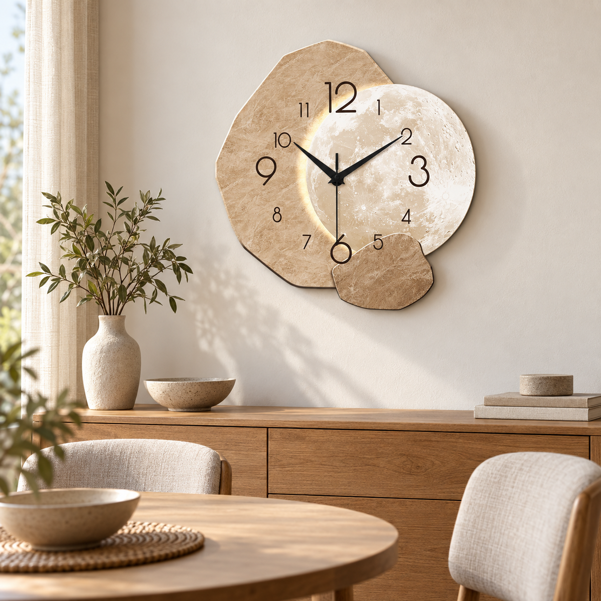 Wooden moon silent quartz wall clock in a minimalist dining nook