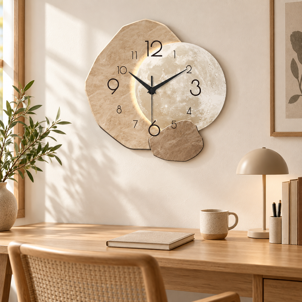 Wooden moon silent quartz wall clock in a bright home office
