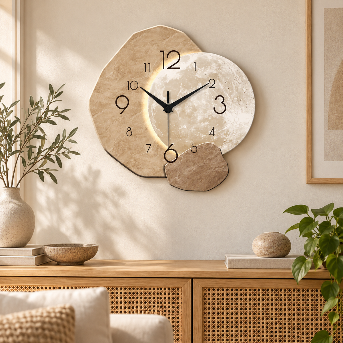 Wooden moon silent quartz wall clock in a warm Japandi living room