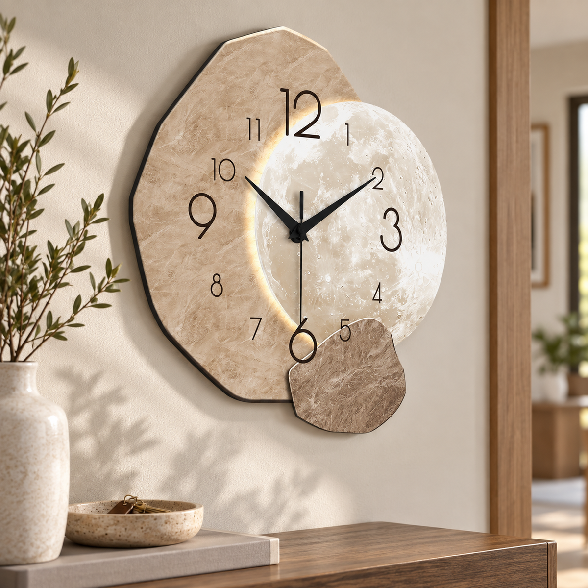 Slim profile of the wooden moon silent quartz wall clock on an entryway wall
